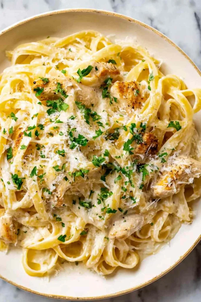 chicken alfredo pasta in white bowl with parsley and parmesan