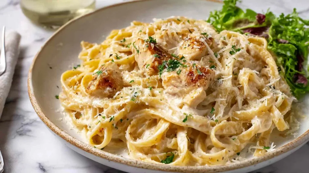 chicken alfredo pasta in white bowl with parsley and parmesan
