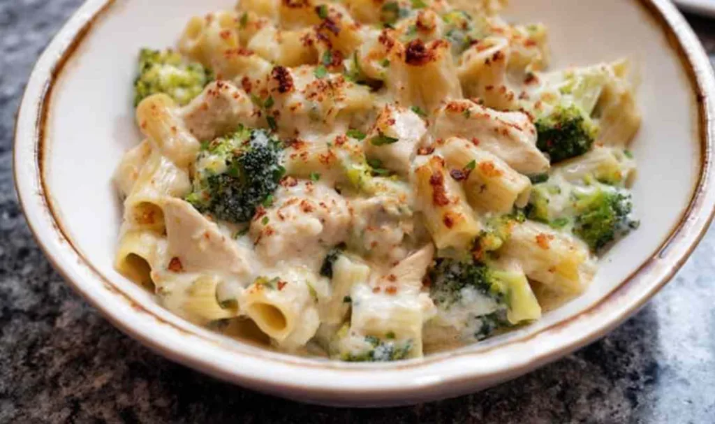 Chicken Alfredo pasta bake with broccoli and melted mozzarella in a white casserole dish