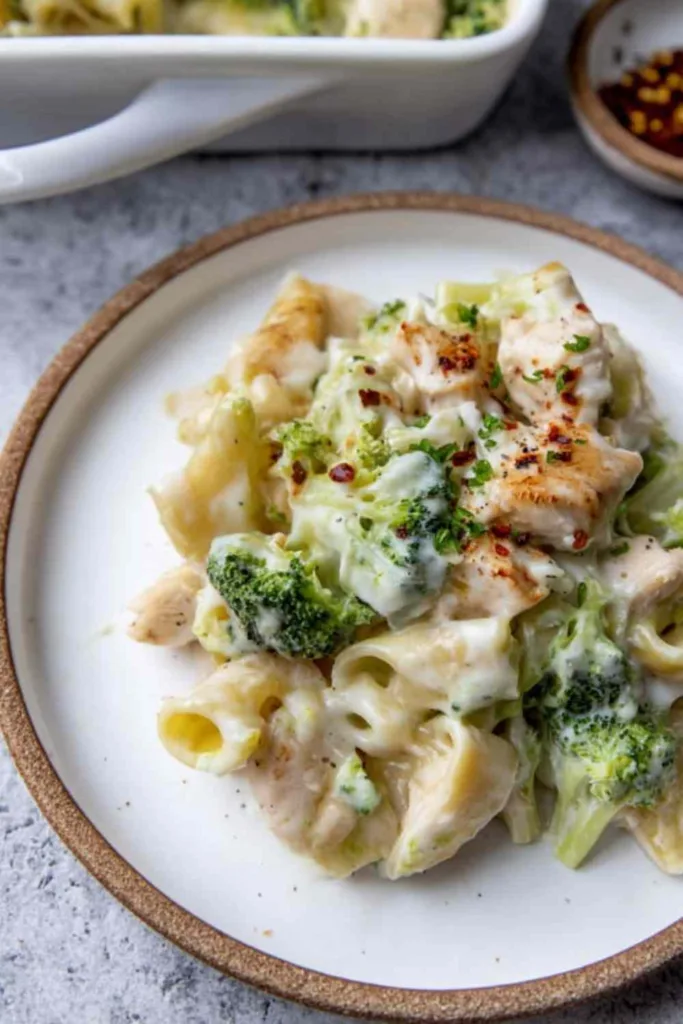 Chicken Alfredo pasta bake with broccoli and melted mozzarella in a white casserole dish