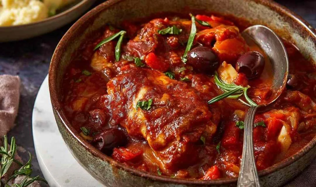 Chicken cacciatore recipe in a deep pan with Kalamata olives, red bell peppers and fresh parsley