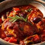 Chicken cacciatore recipe in a deep pan with Kalamata olives, red bell peppers and fresh parsley