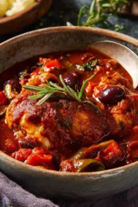 Chicken cacciatore recipe in a deep pan with Kalamata olives, red bell peppers and fresh parsley