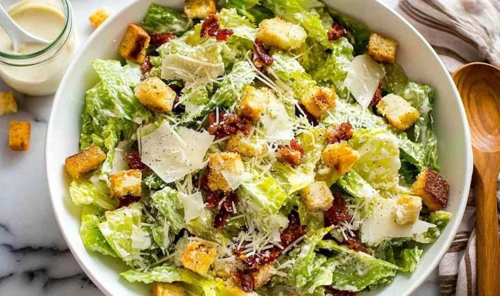 Chicken Caesar salad with homemade dressing served in a white bowl