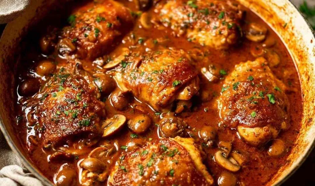 Chicken Chasseur browning in a skillet with golden crispy skin