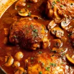 Chicken Chasseur browning in a skillet with golden crispy skin