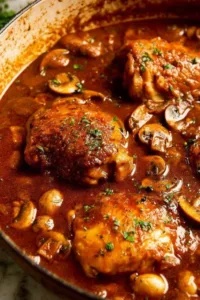 Chicken Chasseur browning in a skillet with golden crispy skin