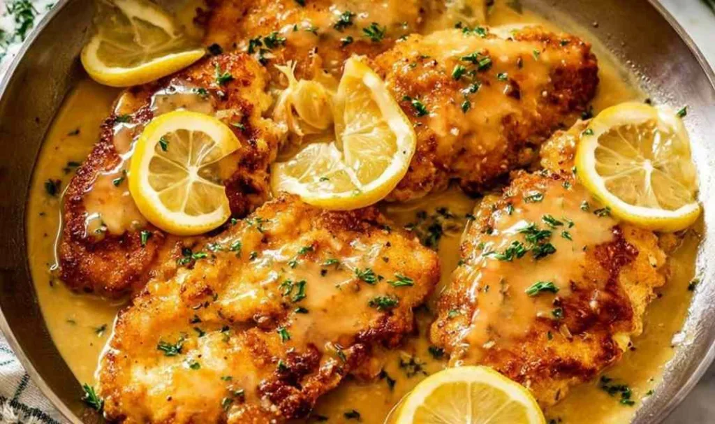 Chicken Francese in a pan with white wine lemon sauce and lemon slices