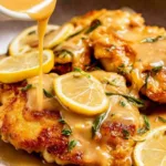 Chicken Francese in a pan with white wine lemon sauce and lemon slices