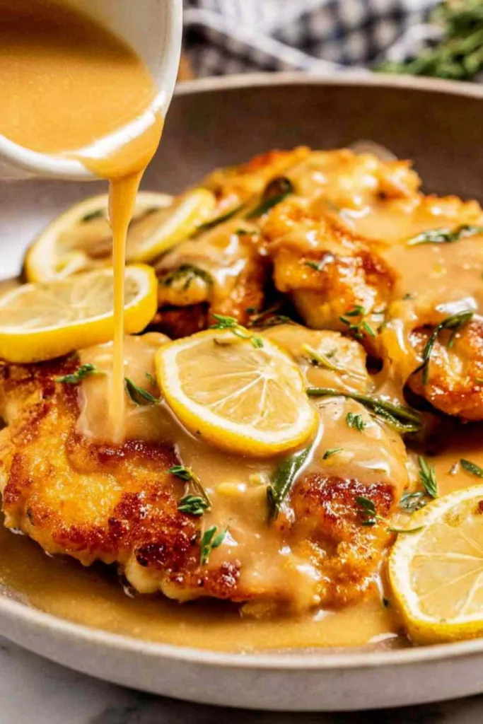 Chicken Francese in a pan with white wine lemon sauce and lemon slices