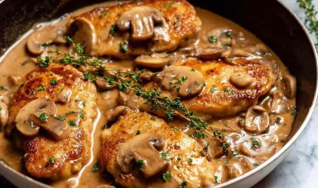 Chicken Marsala recipe in a pan with golden crispy cutlets and creamy Marsala wine mushroom sauce