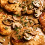 Chicken Marsala recipe in a pan with golden crispy cutlets and creamy Marsala wine mushroom sauce
