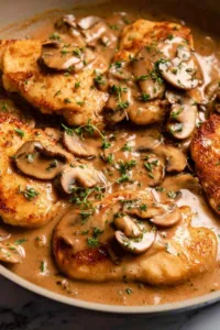 Chicken Marsala recipe in a pan with golden crispy cutlets and creamy Marsala wine mushroom sauce