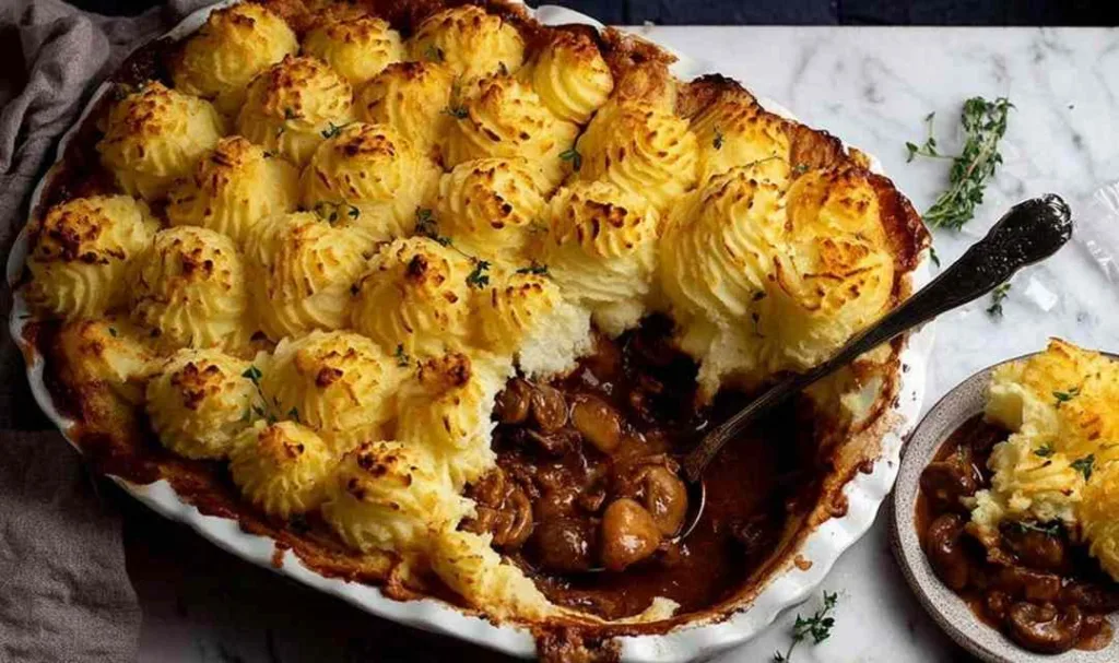 chicken mushroom pie with duchess potato topped with golden piped mashed potato and parmesan