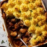 chicken mushroom pie with duchess potato topped with golden piped mashed potato and parmesan