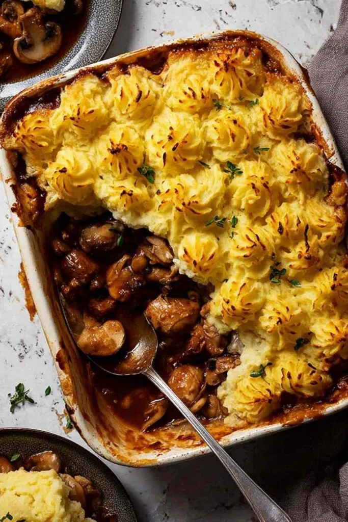 chicken mushroom pie with duchess potato topped with golden piped mashed potato and parmesan