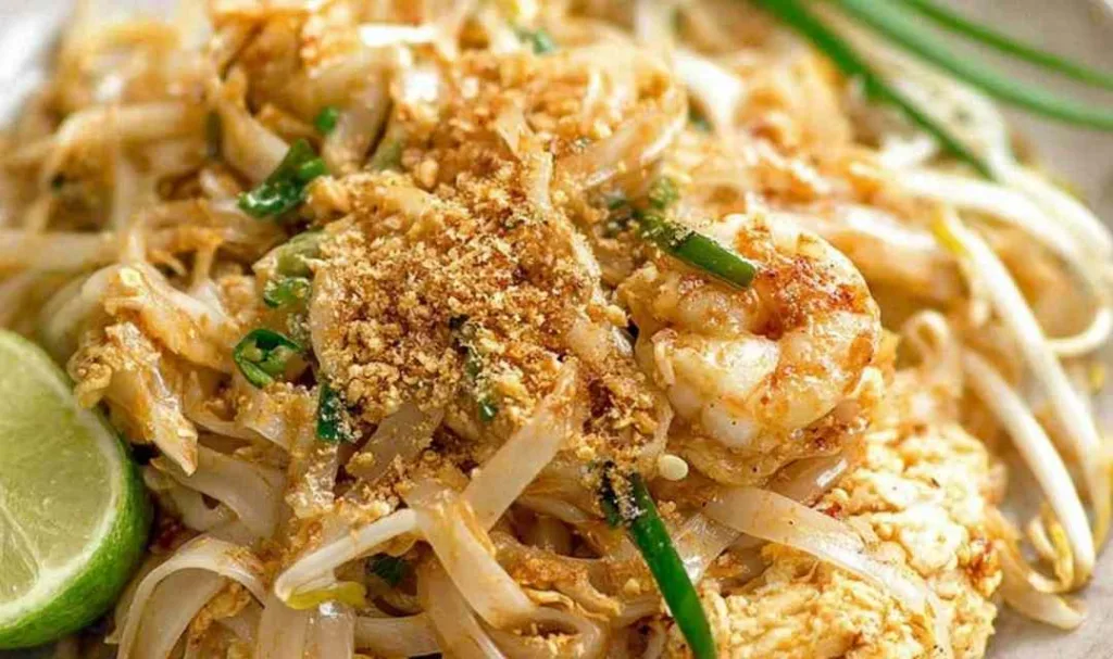 Chicken Pad Thai in a non-stick pan with peanuts, lime wedges, and bean sprouts