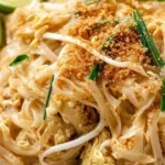 Chicken Pad Thai in a non-stick pan with peanuts, lime wedges, and bean sprouts