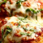 Chicken Parmigiana with crispy panko crust topped with melted mozzarella and fresh basil on a baking tray