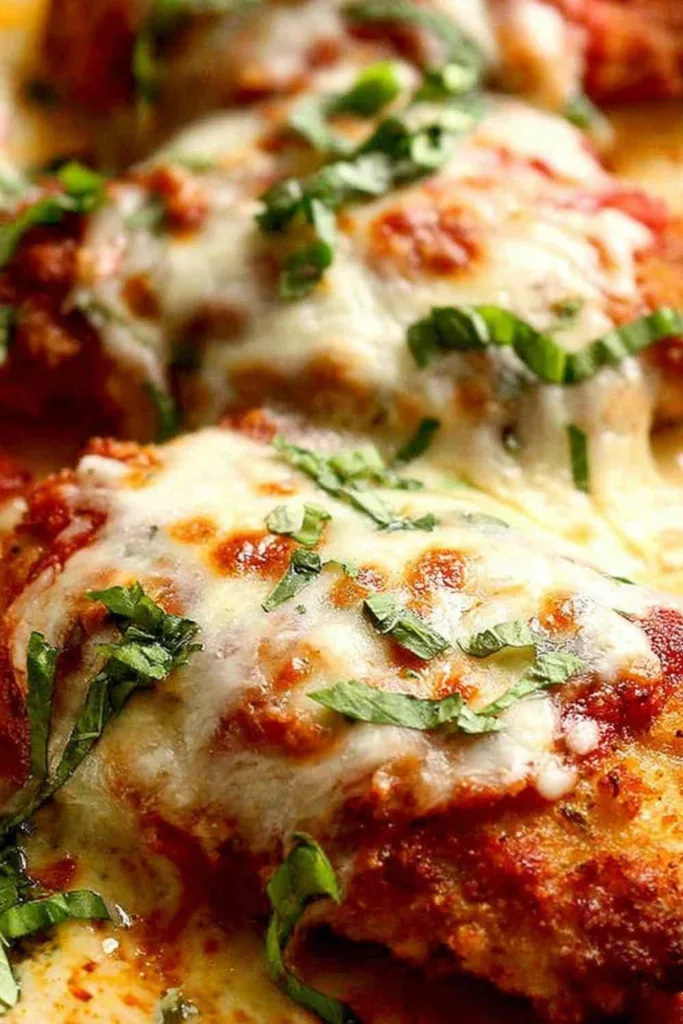 Chicken Parmigiana with crispy panko crust topped with melted mozzarella and fresh basil on a baking tray