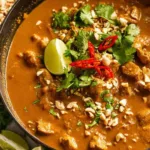 Chicken Satay Curry Malaysian in a skillet with creamy peanut coconut sauce and fresh cilantro