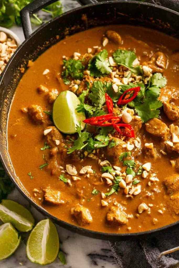 Chicken Satay Curry Malaysian in a skillet with creamy peanut coconut sauce and fresh cilantro