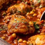 Chicken tagine served over fluffy couscous in a white bowl garnished with fresh cilantro