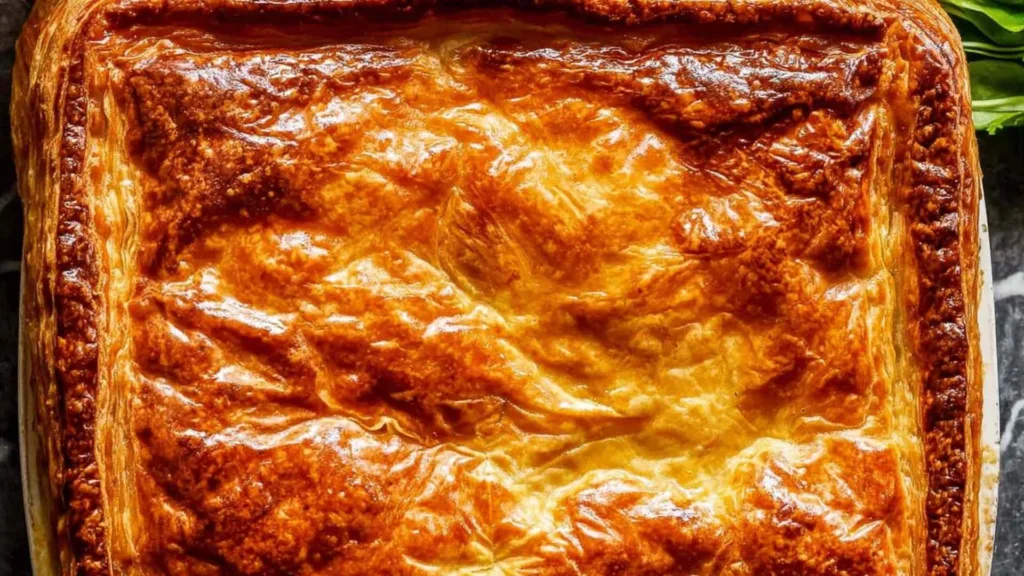 Chicken and leek pie with golden puff pastry crust bubbling in a white baking dish