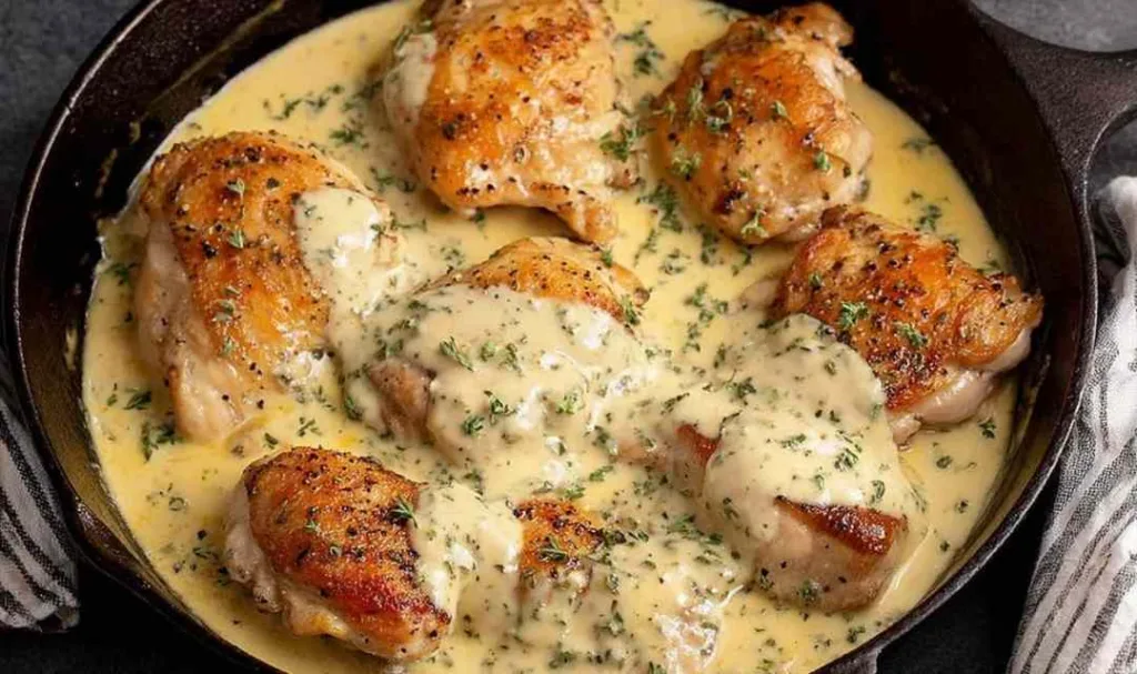 Chicken in Creamy Mustard Sauce in a cast iron skillet garnished with fresh tarragon