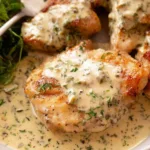 Chicken in Creamy Mustard Sauce in a cast iron skillet garnished with fresh tarragon