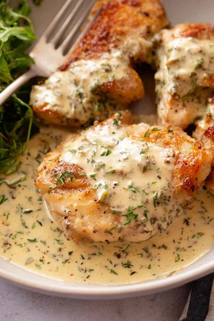 Chicken in Creamy Mustard Sauce in a cast iron skillet garnished with fresh tarragon