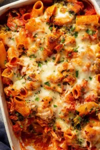 Freshly baked chicken pasta bake in a 9x13 dish with golden melted mozzarella and parmesan cheese