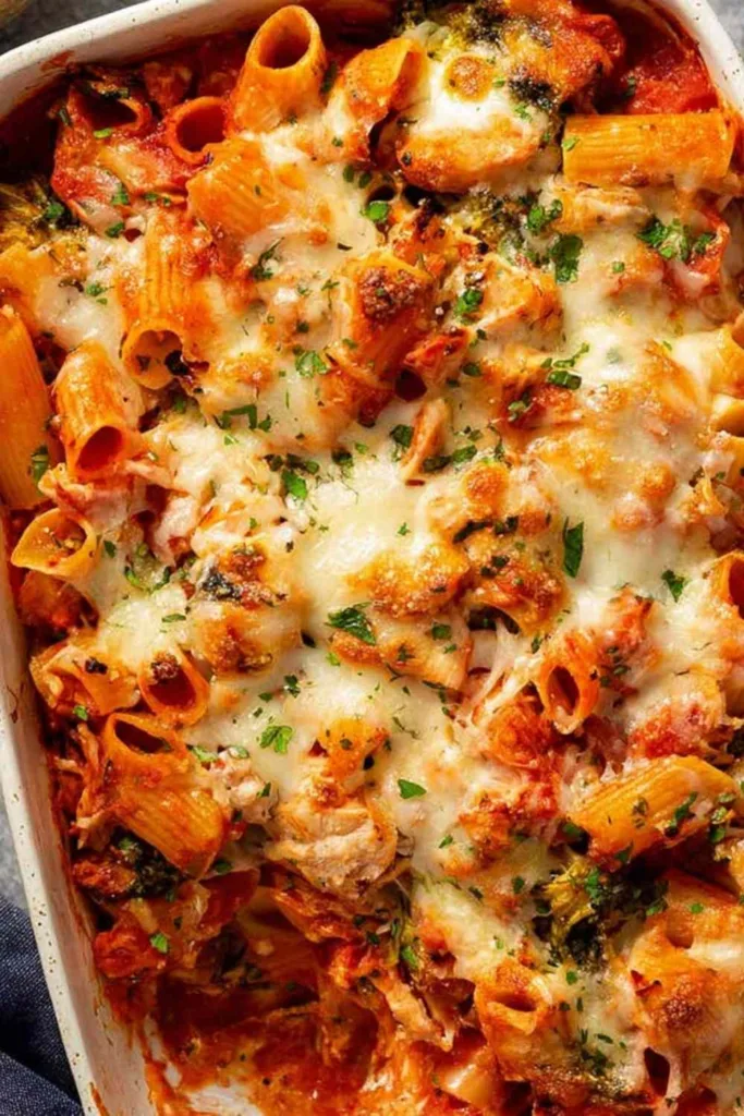 Freshly baked chicken pasta bake in a 9x13 dish with golden melted mozzarella and parmesan cheese