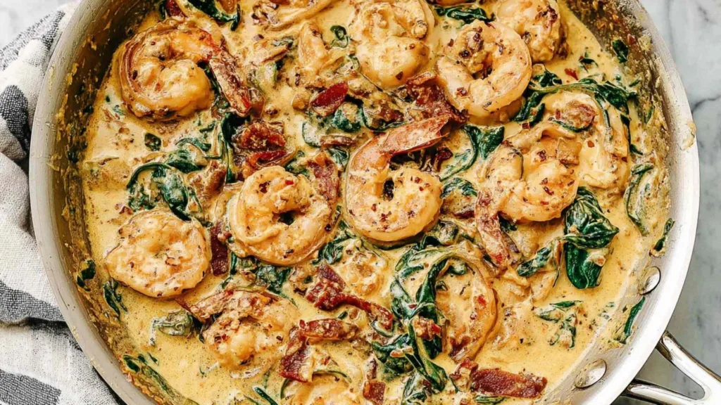 Creamy Tuscan garlic shrimp in a skillet with spinach and sun-dried tomatoes