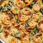 Creamy Tuscan garlic shrimp in a skillet with spinach and sun-dried tomatoes
