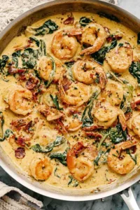 Creamy Tuscan garlic shrimp in a skillet with spinach and sun-dried tomatoes