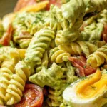 Creamy avocado ranch pasta salad in a large serving bowl with chicken bacon eggs and cherry tomatoes