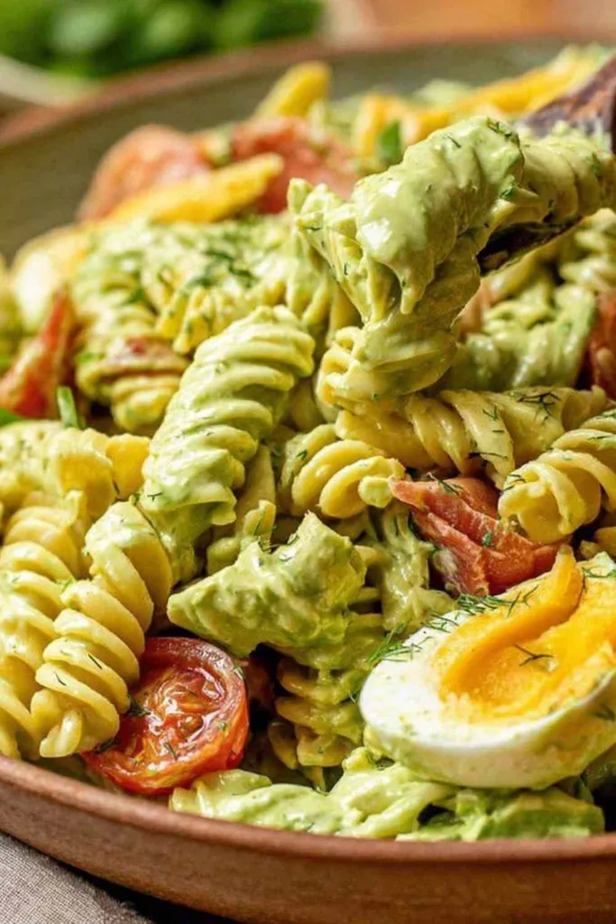 Creamy avocado ranch pasta salad in a large serving bowl with chicken bacon eggs and cherry tomatoes