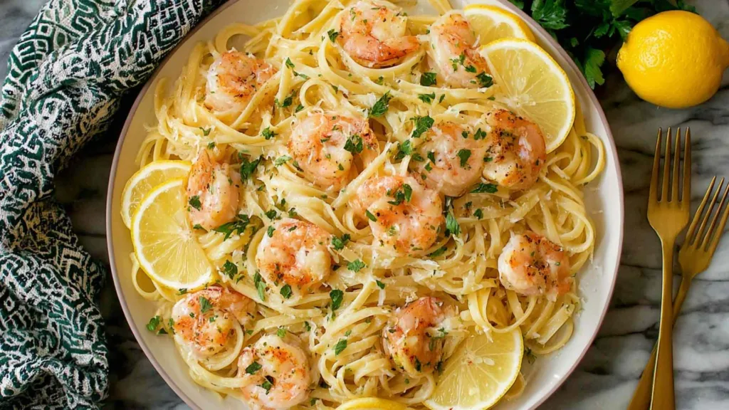 Creamy lemon shrimp pasta served on a white oval platter with fresh parsley garnish