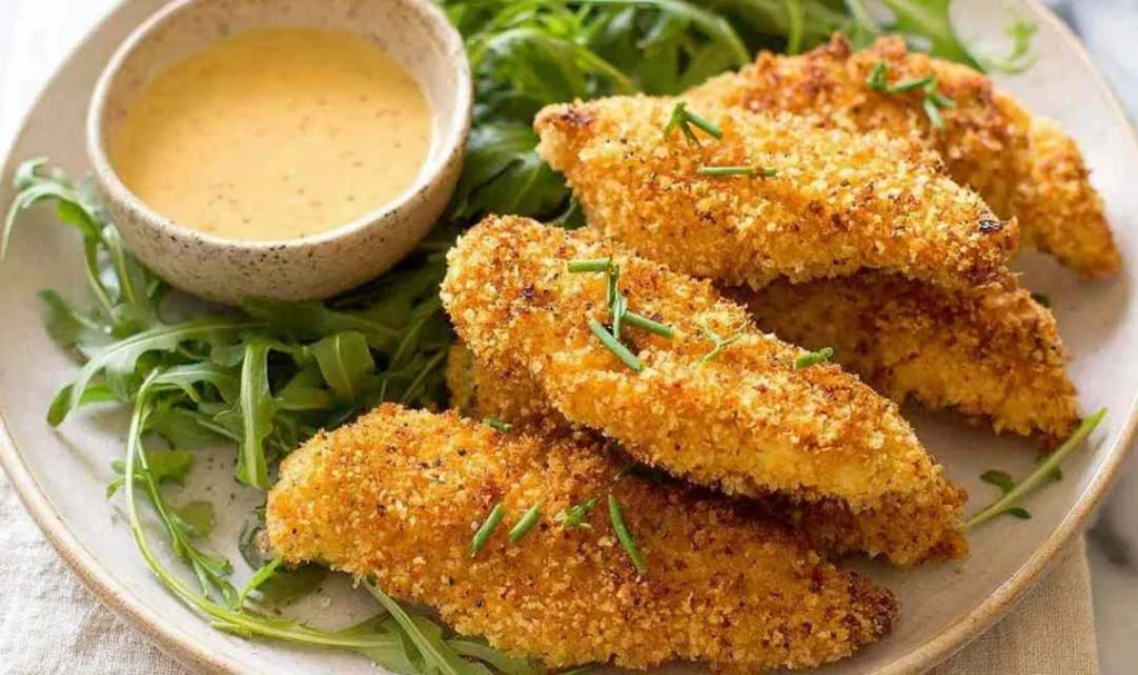 Crispy oven baked chicken tenders on a wire rack served with honey mustard dipping sauce