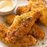 Crispy oven baked chicken tenders on a wire rack served with honey mustard dipping sauce