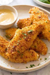 Crispy oven baked chicken tenders on a wire rack served with honey mustard dipping sauce