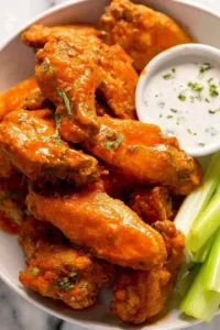 Crispy baked buffalo wings piled on a plate with blue cheese dip and celery sticks