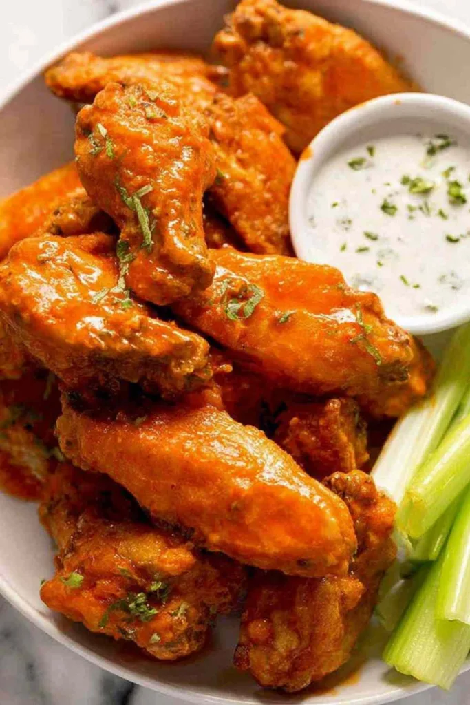 Crispy baked buffalo wings piled on a plate with blue cheese dip and celery sticks