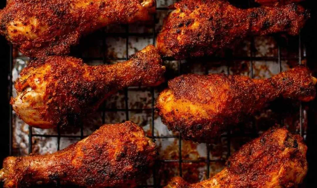 Ingredients for crispy baked chicken drumsticks including smoked paprika, garlic powder, baking powder, flour, and raw drumsticks on a kitchen counter