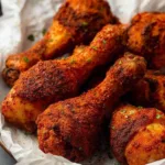 Ingredients for crispy baked chicken drumsticks including smoked paprika, garlic powder, baking powder, flour, and raw drumsticks on a kitchen counter