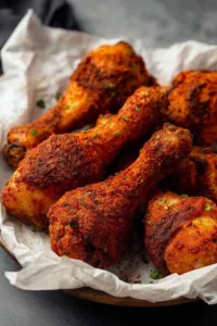 Ingredients for crispy baked chicken drumsticks including smoked paprika, garlic powder, baking powder, flour, and raw drumsticks on a kitchen counter