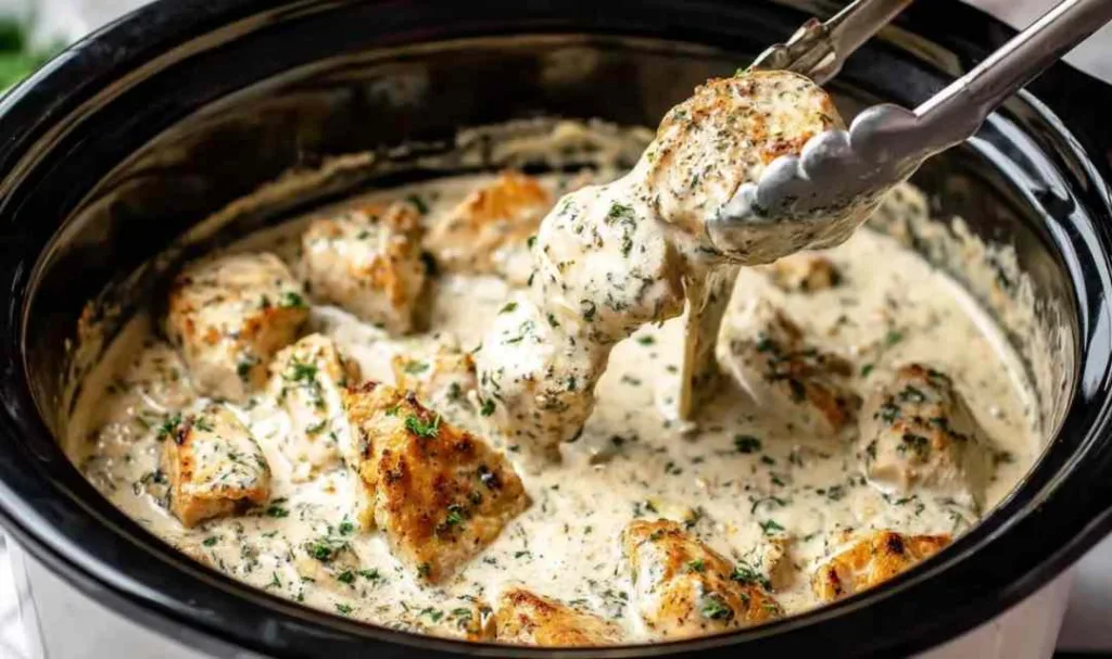 Crock Pot Garlic Parmesan Chicken served over spaghetti in a white bowl with fresh basil