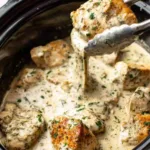 Crock Pot Garlic Parmesan Chicken served over spaghetti in a white bowl with fresh basil