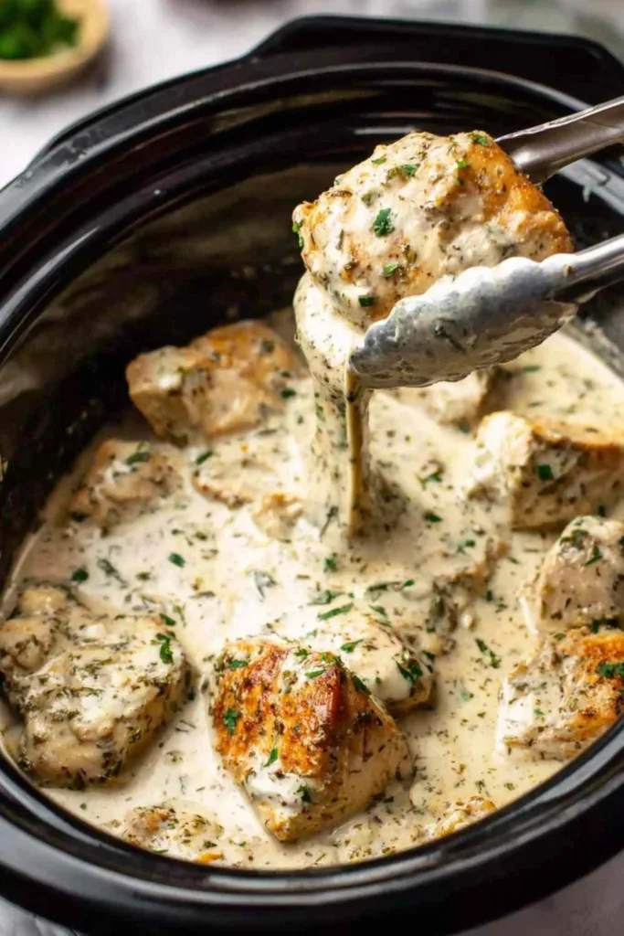 Crock Pot Garlic Parmesan Chicken served over spaghetti in a white bowl with fresh basil